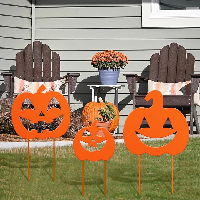 3 Pack Halloween Decorations Outdoor Metal Halloween Garden Stakes Metal Ghost Pumpkins Black Cat Yard Signs Decor for Outside Garden Lawn Porch Patio Party Decorations(Pumpkin Style)