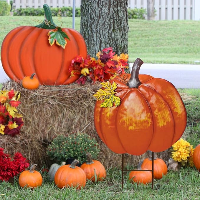 K KILIPES 18.9" H Metal Pumpkin Garden Stake Decorative Fall Pumpkin Yard Sign for Home Outside Garden Lawn Porch Autumn Thanksgiving Decorations (2)