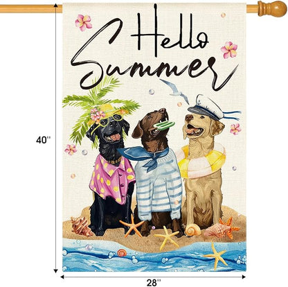 AVOIN colorlife Hello Summer Sea Beach Dogs House Flag 28x40 Inch Double Sided Outside, Floral Starfish Seasonal Holiday Yard Outdoor Decoration