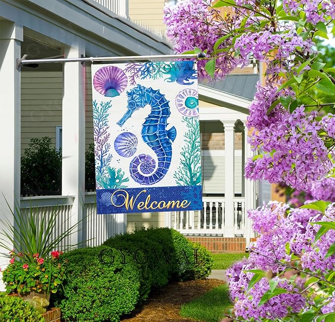 Seahorse Welcome Garden Flag 28x40 Inch Double Sided Outside, Summer Coastal Burlap Yard Flag Tropical Sea Holiday Seasonal Outdoor Decor