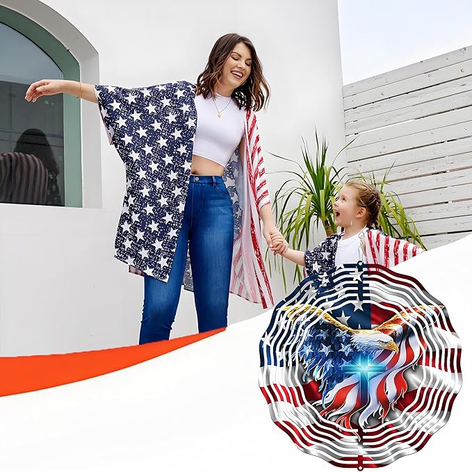 American Flag Wind Spinner 12 Inch - 3D Patriotic Eagle & Christian Cross Outdoor Decor, Stainless Steel Hanging Yard Spinner, Gift for 4th of July, Veterans, Mom, Dad, Home & Garden