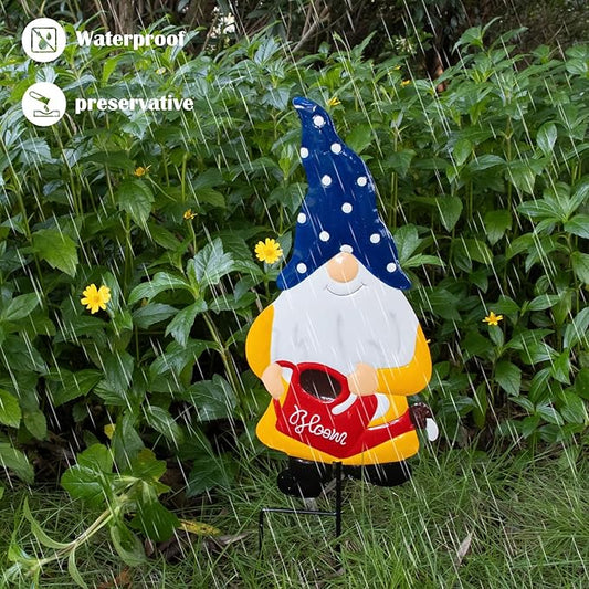 Metal Yard Signs Decor for Rust Prevention, Yard Stakes with Gnomes for Outside Garden Yard Lawn Porch Holiday Party(Blue)