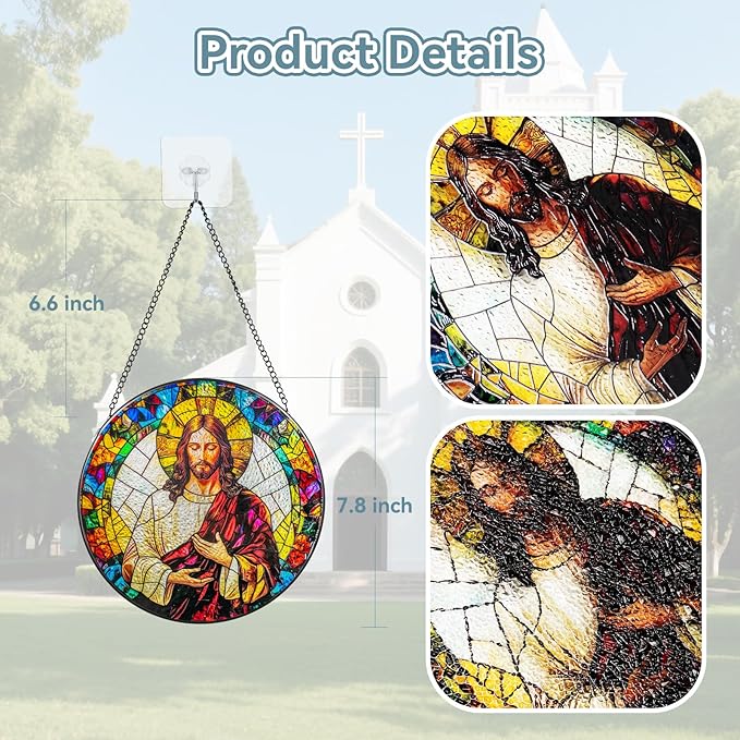 Suncatcher Stained Glass Window Hanging - Jesus Christ Glass Panel with Metal Chain and Hooks Handmade Sun Catcher Decoration for Window Garden Home Christmas & Birthday Gifts (7.8 Inch)