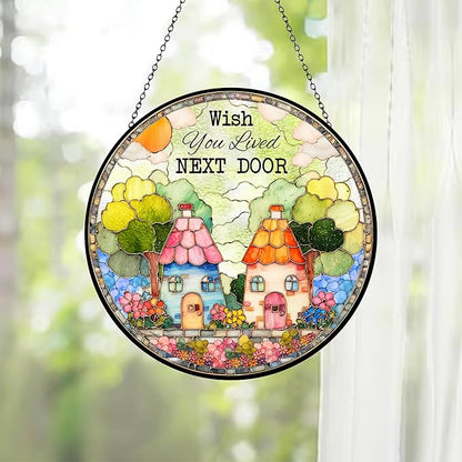 FIVITY Stained Glass Window Hanging 7.8" Wish You Lived Next Door Suncatcher Couple Friendship Stained Glass Ornament Long Distance Housewarming Valentines Moving Away Gift for Women Men Soulma