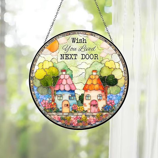 FIVITY Stained Glass Window Hanging 7.8" Wish You Lived Next Door Suncatcher Couple Friendship Stained Glass Ornament Long Distance Housewarming Valentines Moving Away Gift for Women Men Soulma