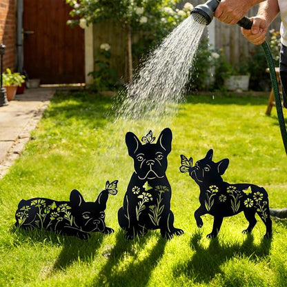 French Bulldog Decorative Garden Stakes Gifts Lager Size, 3PCS Metal Dog Play with Butterflies Garden Statues Decor for Outside for Yard, Patio, Lawn Decorations, Outdoor Decor Yard Art