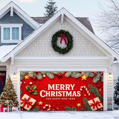 HOMETITUTE Christmas Door Banner 13x6ft Holiday Porch Decoration Red Background Merry Christmas And Happy New Year Pine Branches Ornaments Gifts Winter Seasonal Front Door Cover Wall Decor