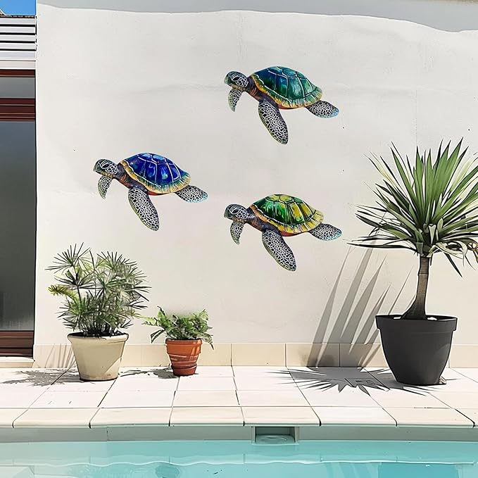 VividLadybug Metal Turtle Sea Wall Decor Outdoor Garden Hanging Art Sculptures Home Ocean Theme Decorations for Kitchen Fence Bathroom and Pool, 3Pcs