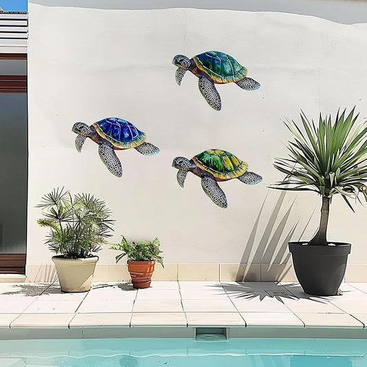 VividLadybug Metal Turtle Sea Wall Decor Outdoor Garden Hanging Art Sculptures Home Ocean Theme Decorations for Kitchen Fence Bathroom and Pool, 3Pcs