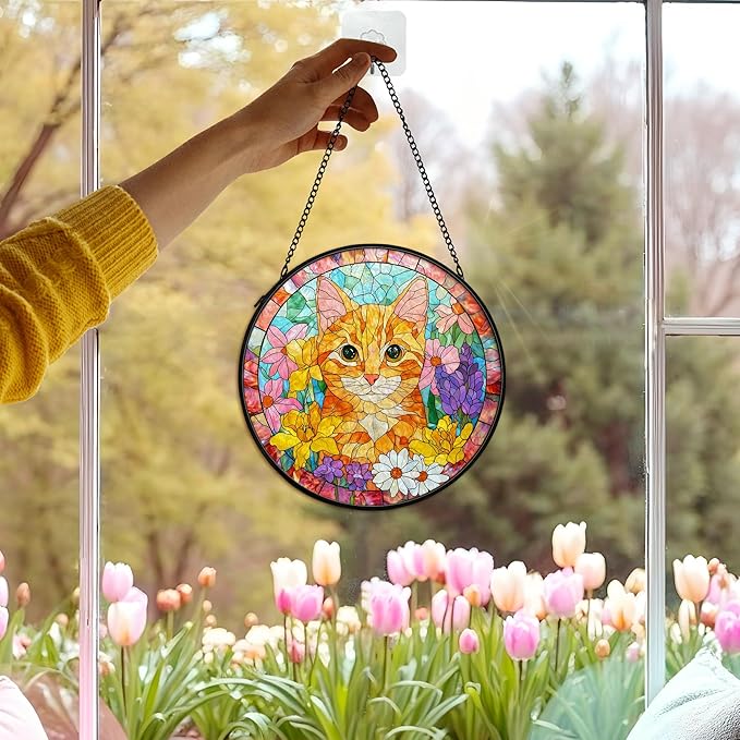 Orange Cat Suncatcher Stained Glass Window Hanging Decor Ornaments, Orange Tabby Cat Owner Memorial Sun Catchers Wall Art Gifts for Women, Floral Flower Garden Stained Glass Decor, 7.9x7.9In