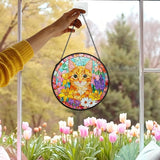 Orange Cat Suncatcher Stained Glass Window Hanging Decor Ornaments, Orange Tabby Cat Owner Memorial Sun Catchers Wall Art Gifts for Women, Floral Flower Garden Stained Glass Decor, 7.9x7.9In