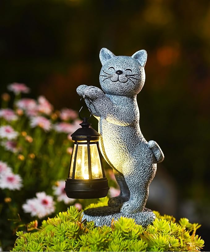 Solar Cat Garden Statues for Outdoor: Outside Sculpture Lantern Decor for Yard Lawn Porch Patio Balcony Decorations Gifts for Grandma Mom Women