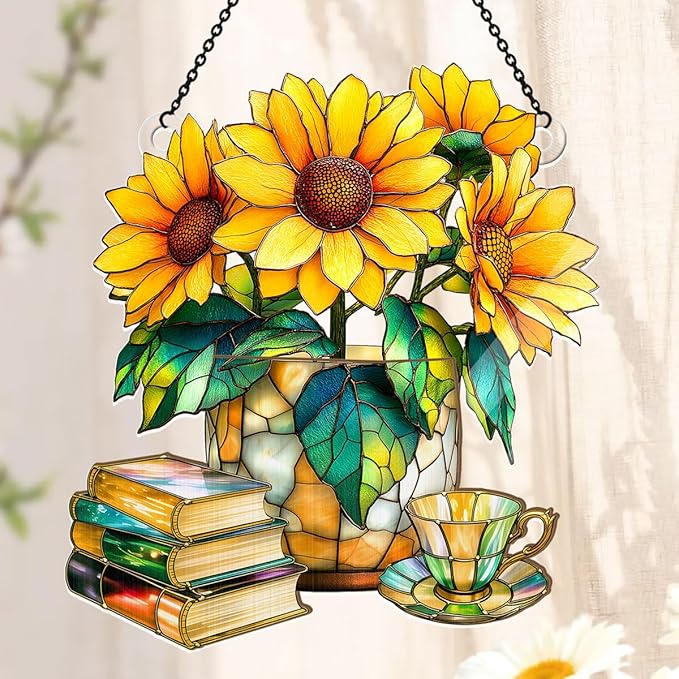 Jesuspirit - Window Hanging Suncatcher – Crystal Clear Acrylic & Wood Sun Catcher for Home Decor, for Women (Nostalgic Sunflowers, Books, and Tea, 8 Inches)