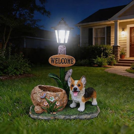 Solar Garden Statue with Planter & Solar Lantern, Outdoor Resin Animal Sculpture, Waterproof Yard Lawn Decor Pot for Succulents, Front Porch Ornament Housewarming Gift (Corgi)