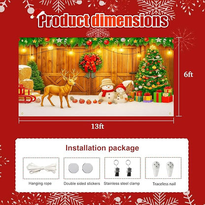 HOMETITUTE Christmas Garage Entryway Banner 13x6ft Rustic Wooden Entryway Scene with Reindeer Snowman Xmas Tree Gift Boxes Pinecones PumpkinsLights Outdoor Holiday Display Backdrop