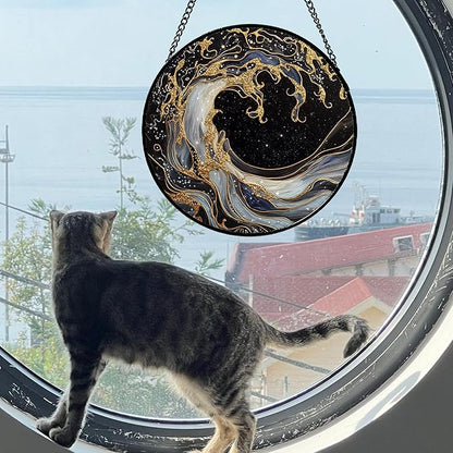 CHATYOUNG Stained Glass Window Hanging Black and Gold Abstract Ocean Waves Large 15" - Suncatcher Door Garden Sunroom Sun Catcher Decor Housewarming Christmas Birthday for Mom Grandma Home Owner