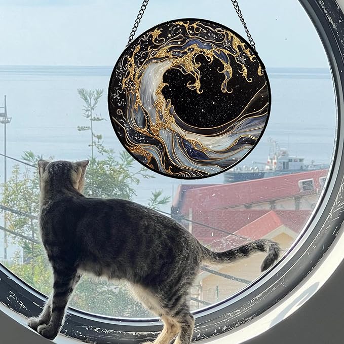 CHATYOUNG Stained Glass Window Hanging Black and Gold Abstract Ocean Waves 9.8" - Suncatcher Door Garden Sunroom Sun Catcher Decor Housewarming Christmas Birthday for Mom Grandma Home Owner Woman