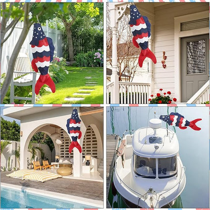 NOVWANG 40 Inch USA American Fish Windsock, Fish Windsock 4th of July Windsock Patriotic Wind Sock Outdoor Hanging Decoration for Garden Yard Balcony Boat Deck Dock Patio Decor