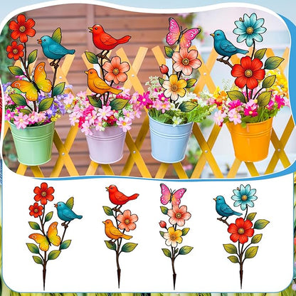 4 Pack Garden Decor for Outside Metal Flowers Garden Stakes Spring Decor 15'' Decorative Colorful Flowers Birds Butterfly Yard Art Rust Proof Plant Sticks for Yard Lawn Pathway Patio Outside