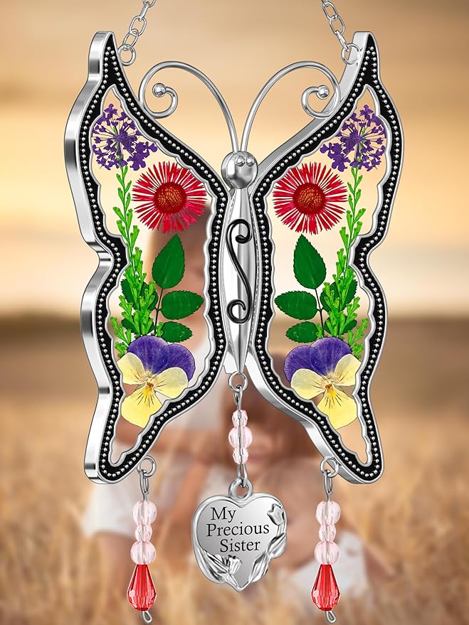 KY&BOSAM My Precious Sister Butterfly Suncatcher Stained Glass Suncatchers for Window Hanging Wind Chime Pressed Flower Wings and Heart Charm Gift for Sister Mother's Day Birthday Christmas Decor
