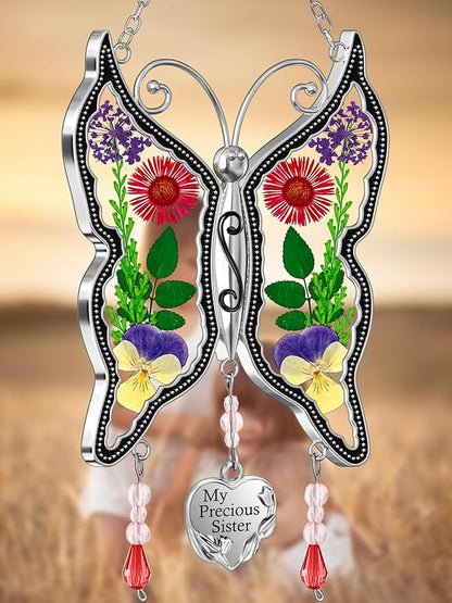 KY&BOSAM My Precious Sister Butterfly Suncatcher Stained Glass Suncatchers for Window Hanging Wind Chime Pressed Flower Wings and Heart Charm Gift for Sister Mother's Day Birthday Christmas Decor