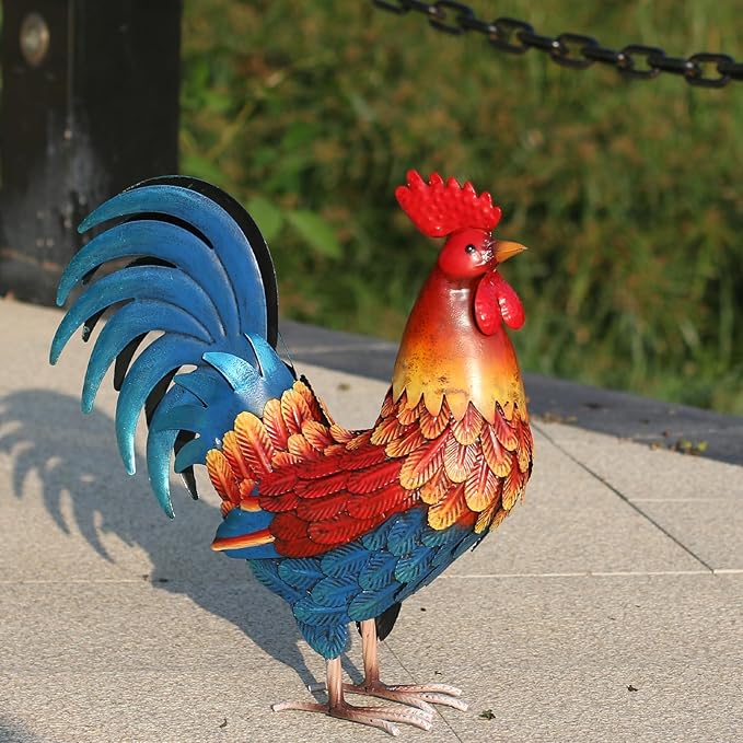 Kircust Metal Rooster Garden Ornament, Multi-Color Outdoor Yard Art Chicken Statue for Home Patio Lawn Backyard Farmhouse Kitchen