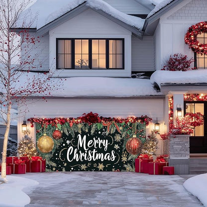 IVN Merry Christmas Happy New Year Garage Door Banner 13x6 ft Christmas Garage Door Cover Wnter Scene Background Indoor Outdoor Black Snowflake Tree Holly Ornaments Holiday Decorations for Home and Events Wall Backdrop Decor