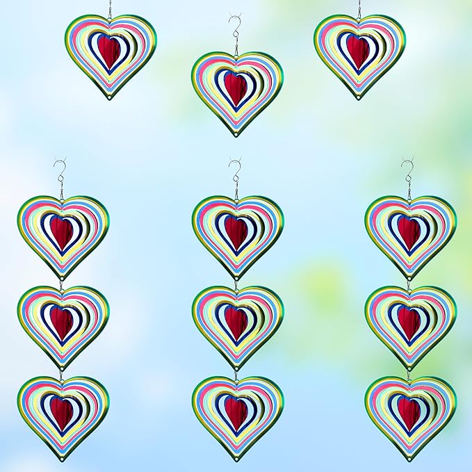 12 Pcs Heart Wind Spinners Colorful: Outdoor Garden Decor Metal Yard Lawn Ornaments with 360 Degree Swivel Hook, Reflective Bird Device Deterrent to Keep Birds Away from Porch Yard Patio Parking