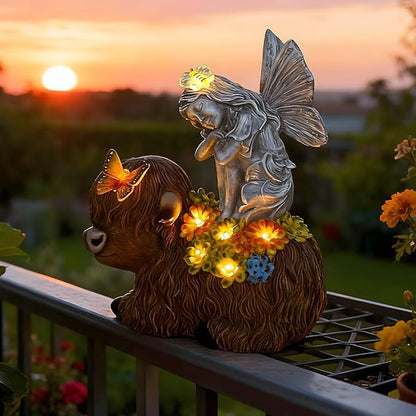 Angel Garden Decor Statue Solar Angel Sitting on Highland Cow Succulent Butterfly Bee LED Lights Outdoor Decorations for Yard Patio Housewarming Gift for Mom Women