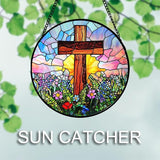 Christian Gifts for Women - Cross Stained Glass Window Hanging Jesus Easter Colorful Wildflowers Sun Catcher Garden Religion Decor Mother's Day Catholic Gift for Men Grandma Mom Her 15"