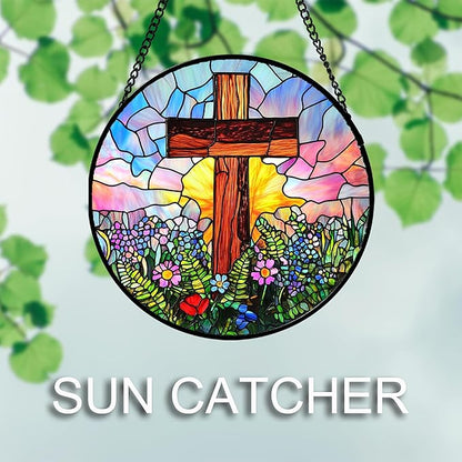 Christian Gifts for Women - Cross Stained Glass Window Hanging Jesus Easter Colorful Wildflowers Sun Catcher Garden Religion Decor Mother's Day Catholic Gift for Men Grandma Mom Her 7.8"