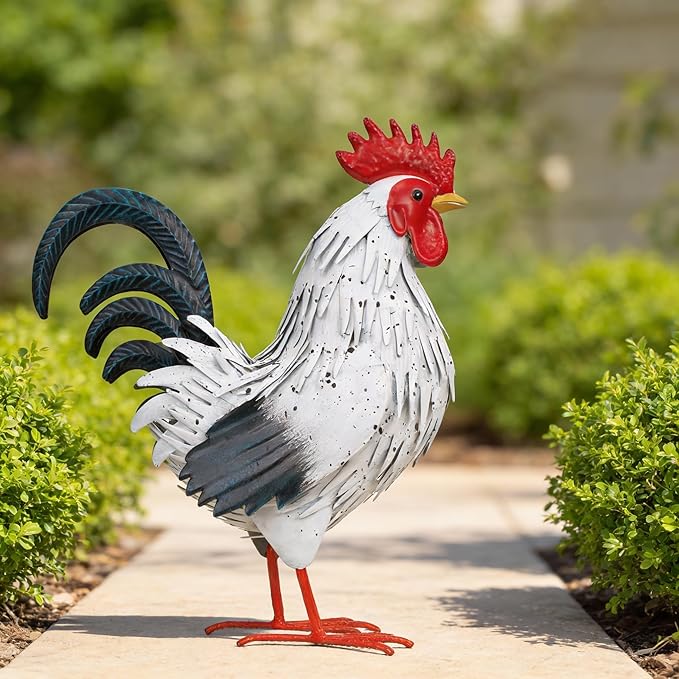 Ratuor Rooster Garden Statue Sculpture Metal Chicken Yard Decor Outdoor Figurines Patio Backyard Decoration (White)