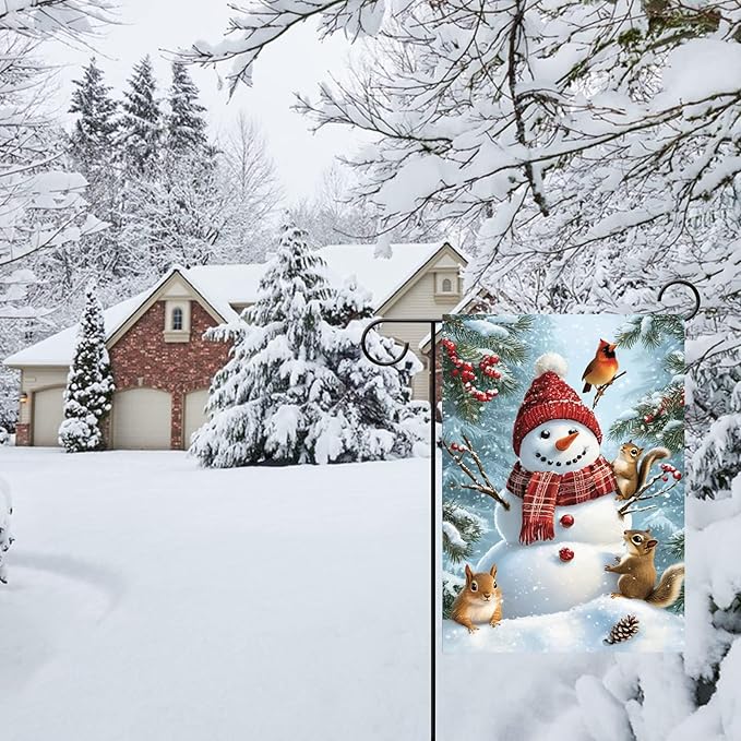 Winter Garden Flags for Outside 12x18 Double Sided, Burlap Holiday Farmhouse Rustic Squirrel Snowman Garden Flag Winter Xmas Decorations, Small Outdoor Christmas Flags for Yard Garden