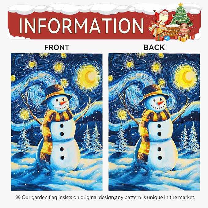 Winter Garden Flag Santa Snowman Yard Flags Van Gogh Yard Flags Art Starry Night Sky Moon Wall Banner Xmas Blue Pine Snowfield House Banners for Happy Holiday Farmhouse Outdoor 12 x 18 Inch