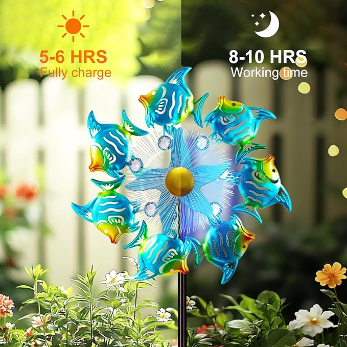 Solar Wind Spinners Outdoor, 51" Waterproof Metal Stake Tropical Fish Sculpture with 7 Color LED Lights 360° Rotating Kinetic Solar Windmill for Yard Garden Lawn Patio Decor
