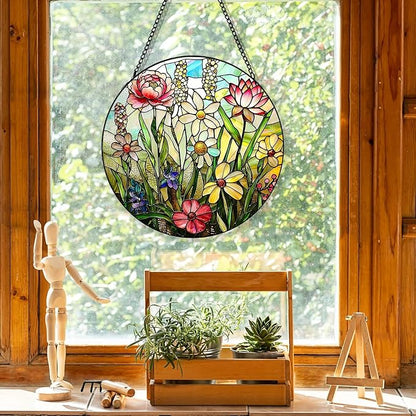 Stained Glass Window Hanging, Spring Colorful Wildflowers Plant Scenery Suncatcher for Window Doors Garden Home Decor, Botanical Floral Glass Panel Ornaments for Women,Men,Wife, Lovers, and Mom 7.8 in