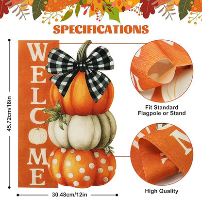 Thanksgiving Garden Flags 12x18 Inch Double Sided, Fall Welcome Pumpkin Yard Flags for Outside, Farmhouse Front Porch Outdoor Autumn Decor Holiday All Seasons Decoration