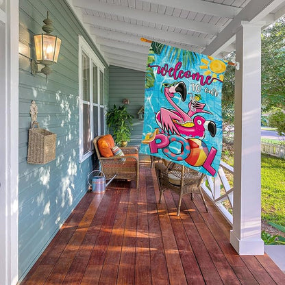 Summer POOL House Flags for Outdoor, Flamingo Welcome to Our POOL Yard Flags for Outside, Swimming Pool Decorative Flag for Farmhouse Party Holiday Decoration 28x40 Inch Double Sided