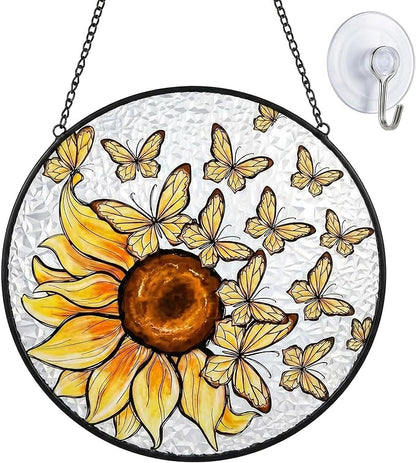 Sunflower Suncatcher Butterfly Stained Glass Suncatchers 7.87 Inch Stained Glass Ornament for Home Decor Indoor Wall Art for Mother Women Friends