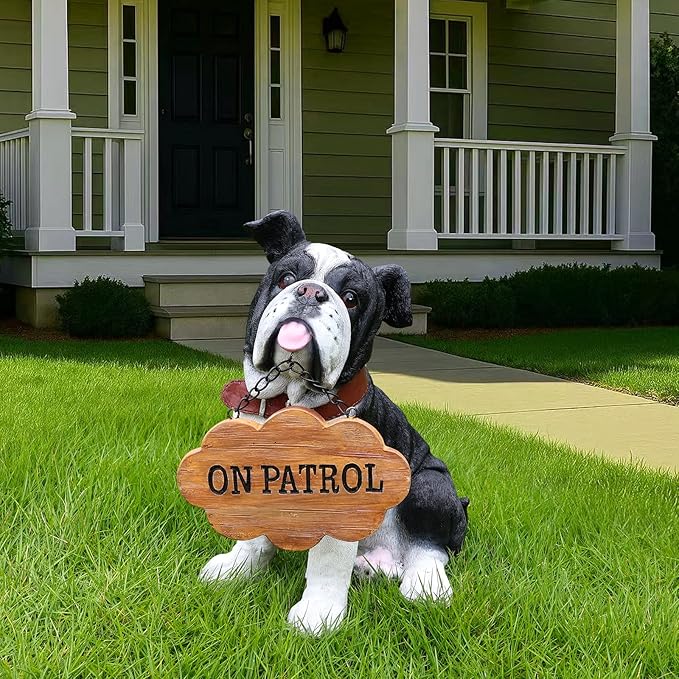 English Bulldog Garden Statue with Solar Lantern, Realistic Dog Sculpture, Birthday Gift for Women Mom Grandma, Housewarming Gift for New Home, Outdoor Resin Puppy Decor,Black & White
