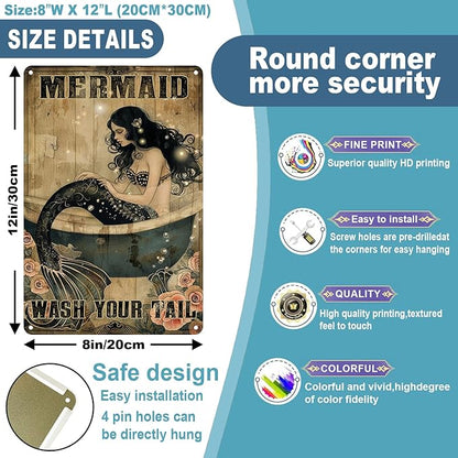 Mermaid Decor Gifts Funny Bathroom Decor Wall Art Coffee Bar Vintage Metal Tin Sign Wash Your Tail Office Home Toilet Signs Wall Decor 8x12 inch