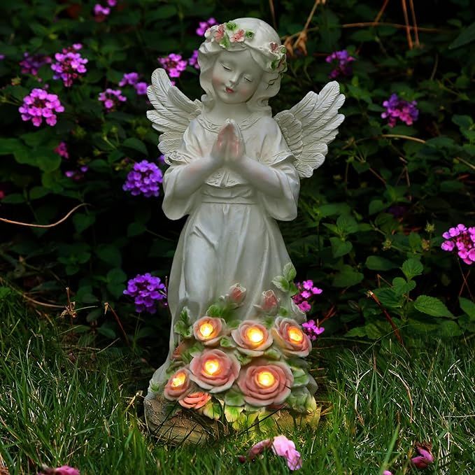 Panven Garden Decor Angel Statue, Outdoor Patio Garden Sculptures & Statues, Solar Yard Decorations Lawn Ornaments Figurines for Outside