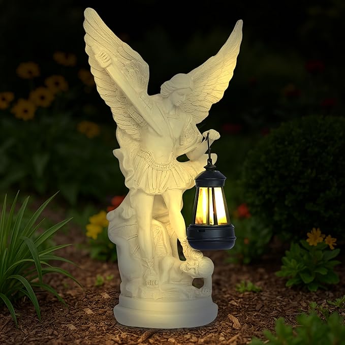Solar San Miguel Arcangel Outdoor Garden Decor Statues 12.4" Solar St Michael the Archangel Satue for Yard Patio Lawn Porch Decorations Resin St Michael Figurine Religious Collection Sculptures Gifts