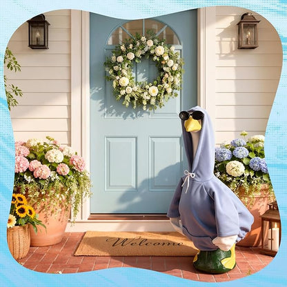 Blue Hoodie Goose Outfit Hooded Sweatshirt Porch Goose Clothes Dress with Wide Hat Sunglass Blue Sweatshirt Geese Costume for 17-23 Inch Geese Statue Luau Outdoor Patio Lawn Yard Garden Decor