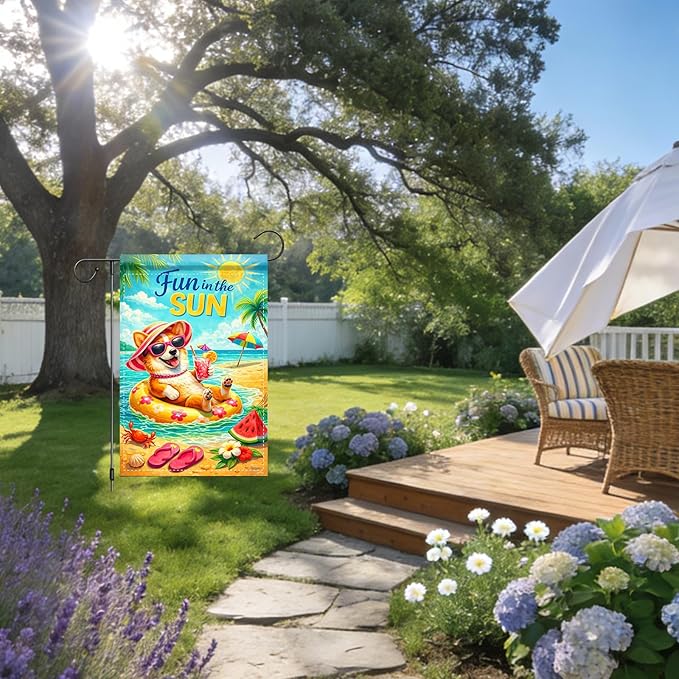 Nuxovilar Summer Garden Flag Fun In The Sun Beach Dog Float Pattern Polyester 12x18 Inches Garden Flags for Outside Playful Decor Yard Porch Pool