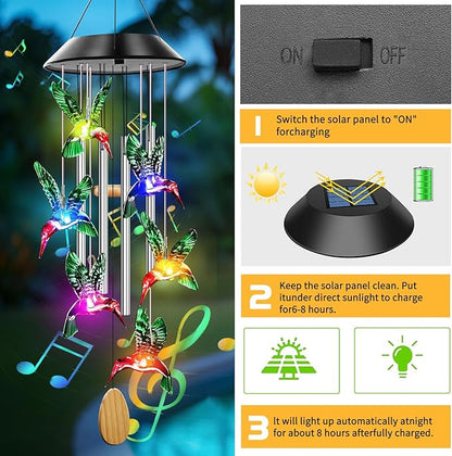 Solar Powered Hummingbird Wind Chimes with 4 Music Aluminum Tubes, Hummingbird Wind Chimes for Outside,Best Gifts for Mom Grandma Women Wife Aunt Sister, Unique Mobile Wind Chime, Garden Yard Decor
