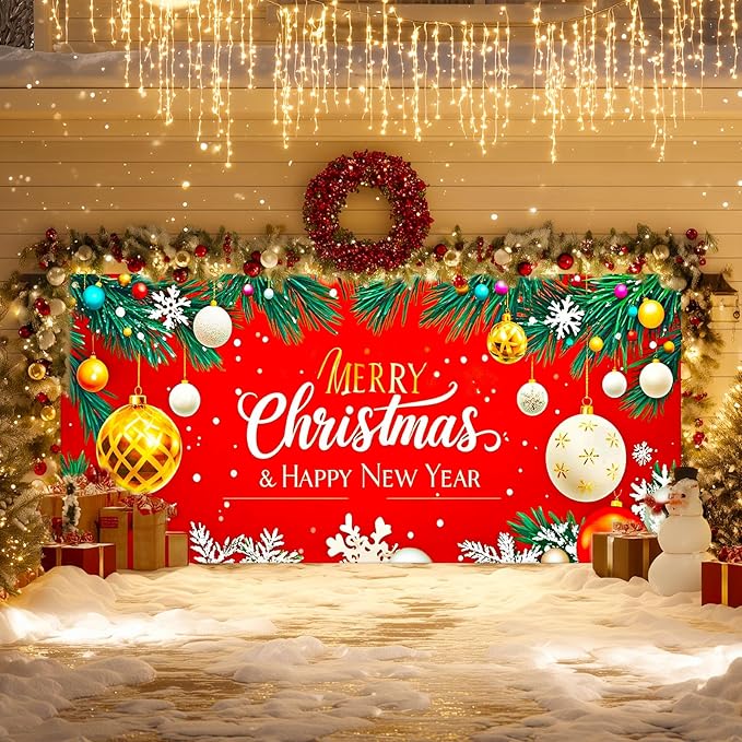 IVN Christmas Garage Door Cover Decoration 13x6ft Gold and White Baubles Red Snowflake Design Merry Christmas Winter Garage Door Banner Home Door Front Yard Decor for Xmas Eve Holiday Outdoor