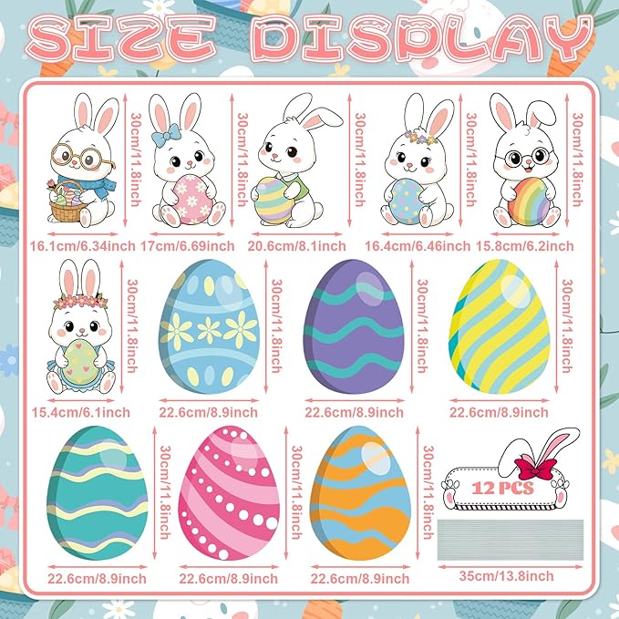 12-Piece Easter Bunny Yard Signs with Stakes Decorations – 6 Cute Rabbits & 6 Colorful Eggs 30 cm Large Outdoor Easter Lawn Signs for Garden, Driveway, Yard, and Spring Party Décor