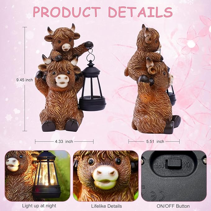 Solar Highland Cow Garden Decor - Resin Cow Statue with Solar Lantern Outdoor Yard Patio Decor - Ideal Gifts for Women,Mom Men (Copper)