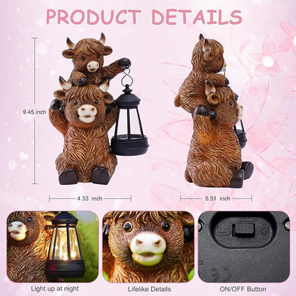 Solar Highland Cow Garden Decor - Resin Cow Statue with Solar Lantern Outdoor Yard Patio Decor - Ideal Gifts for Women,Mom Men (Copper)